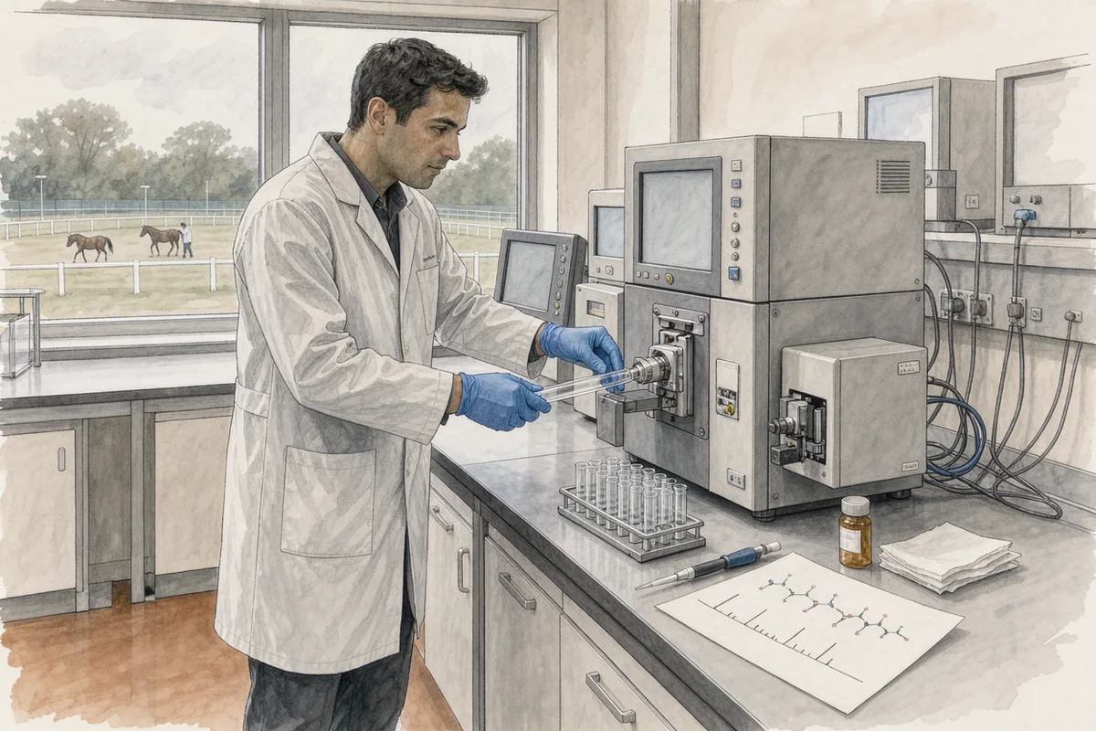 An illustrated technician working at a mass-spectrometry instrument with an out-of-focus horse exercise yard beyond a window
