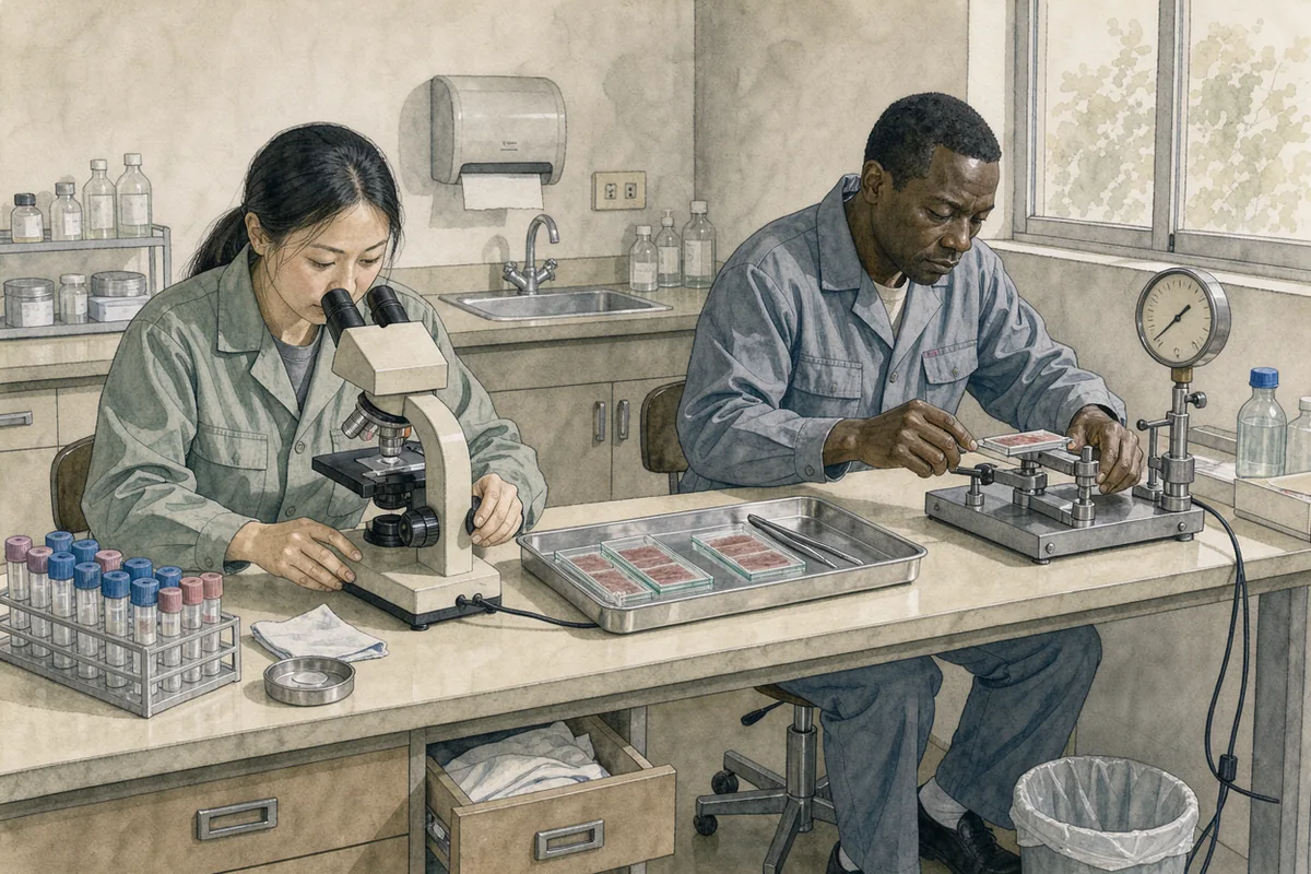 An illustrated technician at a microscope beside a second technician examining a mechanical strength tester
