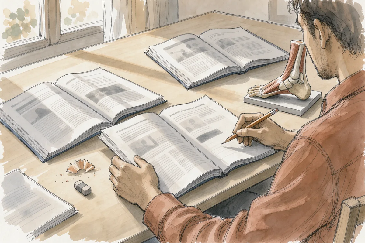 An illustrated reader comparing open research papers at a cream table beside a small tendon teaching model