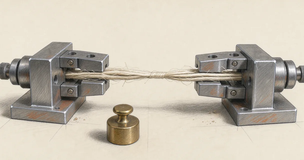 Editorial illustration of an ivory fibre held between the metal grips of a tensile-testing machine
